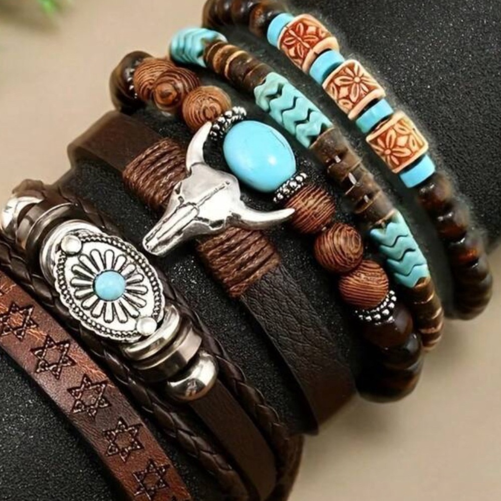 Western Rustic Boho Leather & Turquoise Bracelet Set Women’s or Mens Set of 6